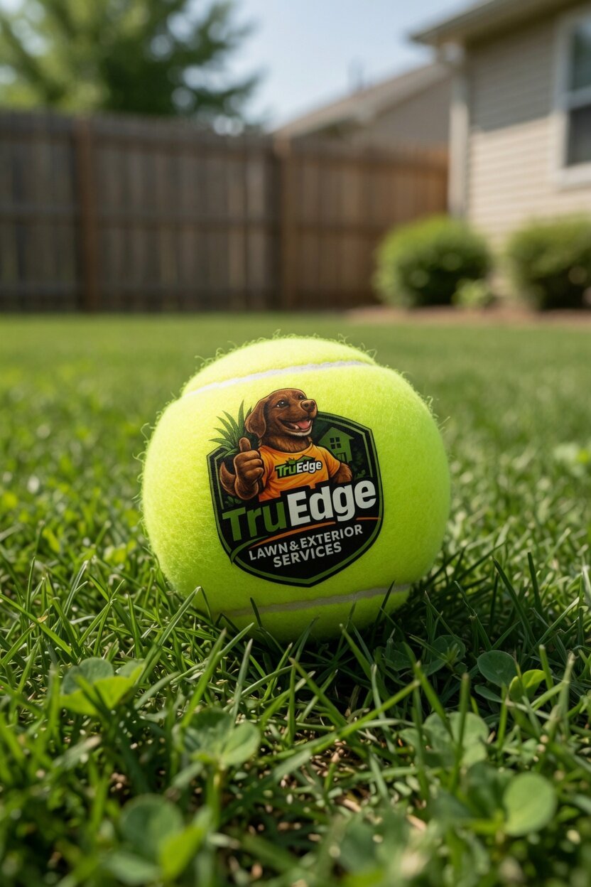 TruEdge branded tennis ball resting in a freshly mowed, healthy lawn
