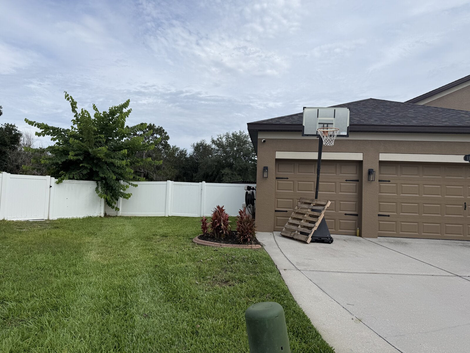 Freshly cut side yard with basketball hoop and tidy landscaping by TruEdge